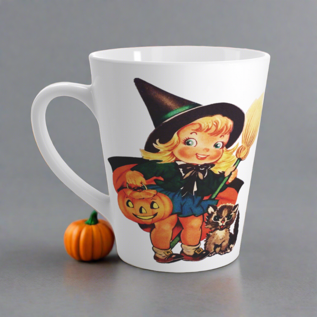 Cute Little Witch With Cat Retro Vintage Halloween Print Latte Coffee Mug
