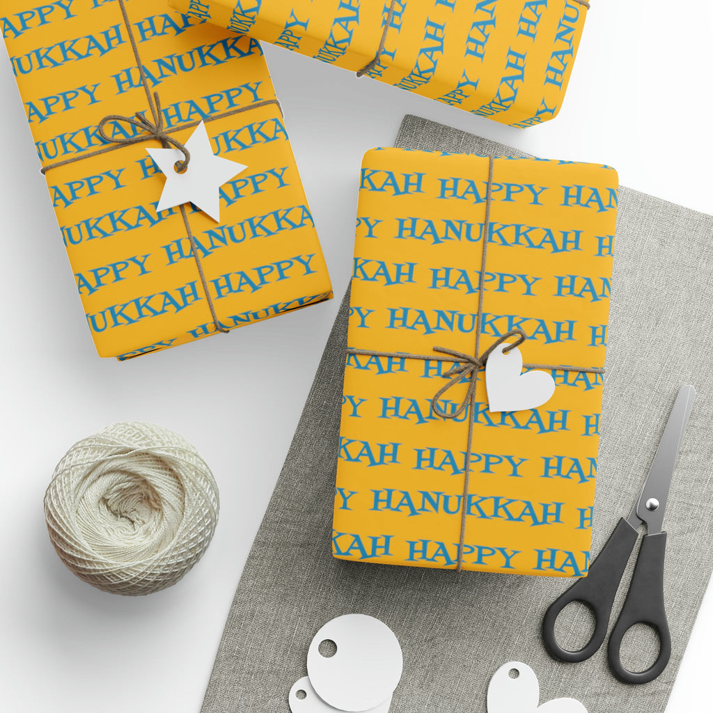 Happy Hanukkah Yellow And Blue Atomic Retro Style Holiday Gift Wrap Paper - Glossy Or Matte