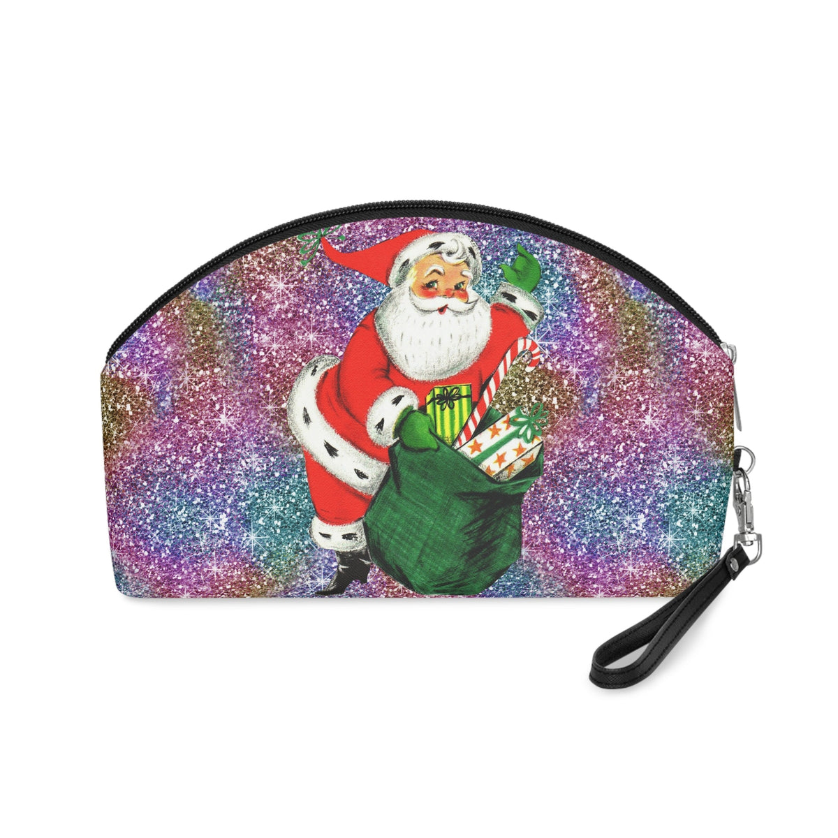 Santa With His Sack Of Presents Glitter Background Mid Century Retro Christmas Print Cosmetic Travel Makeup Bag