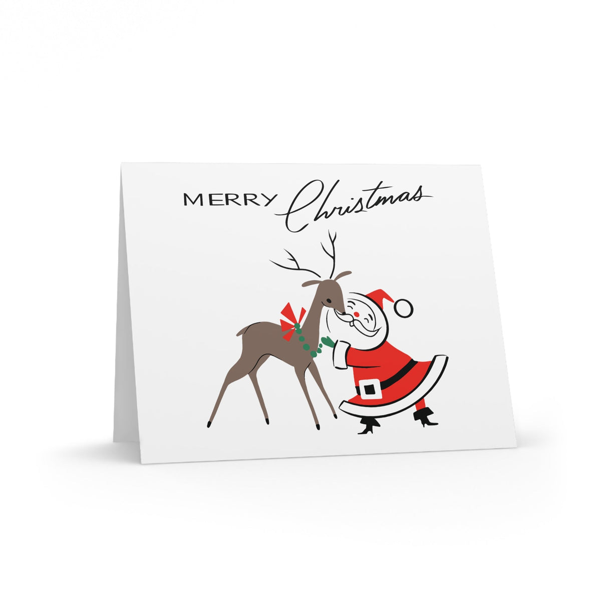 Merry Christmas Santa Reindeer Mid Century Retro Christmas Print Matte Greeting Cards (8, 16, and 24 pcs)