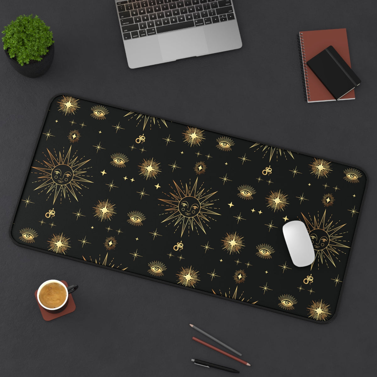 Celestial Gold Sun Stars Tarot Black Desk Mat - 3 size options