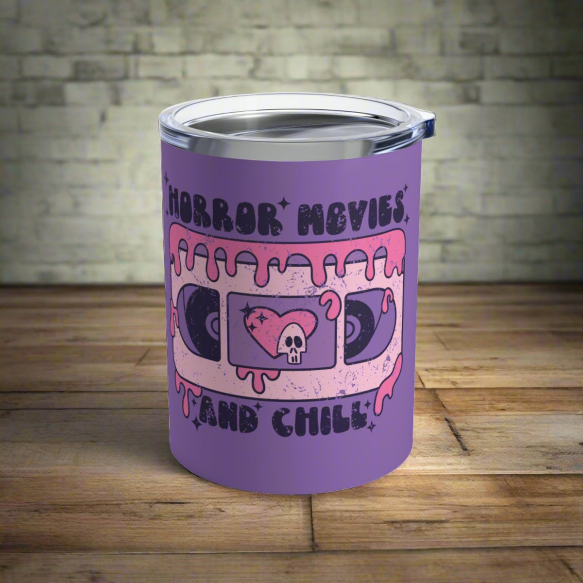 Horror Movies And Chill VHS Distressed Purple Halloween Retro Stainless Steel Tumbler 10oz