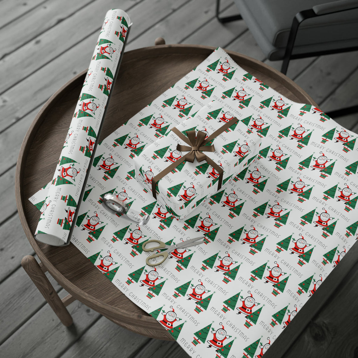 Merry Christmas Santa Christmas Trees Mid Century Retro Christmas Print Holiday Gift Wrap Paper - Glossy Or Matte