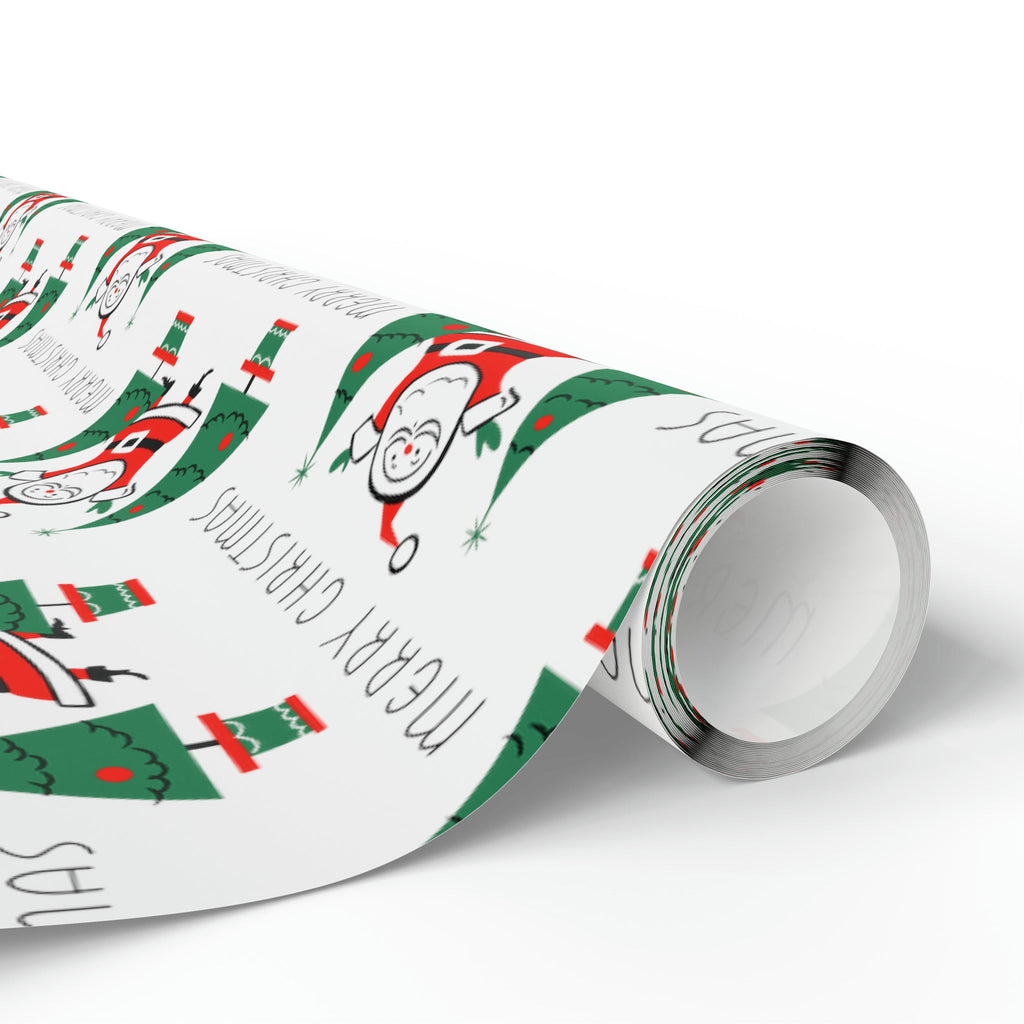 Merry Christmas Santa Christmas Trees Mid Century Retro Christmas Print Holiday Gift Wrap Paper - Glossy Or Matte