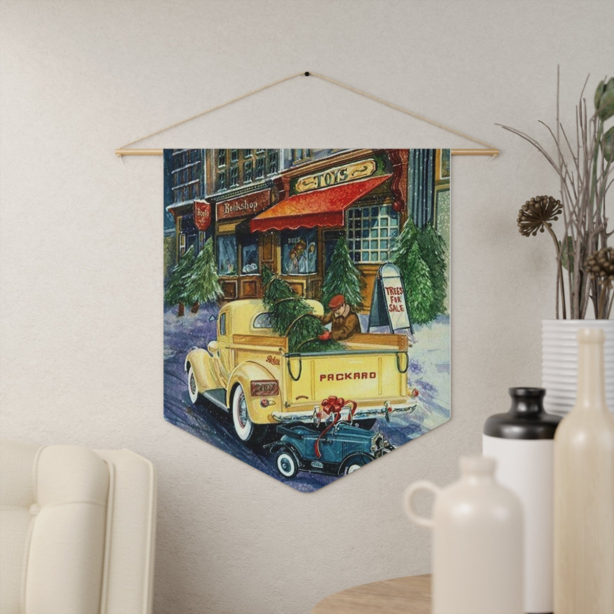 Yellow Christmas Packard Truck With Tree Retro Christmas Print Wall Hanging Banner Flag