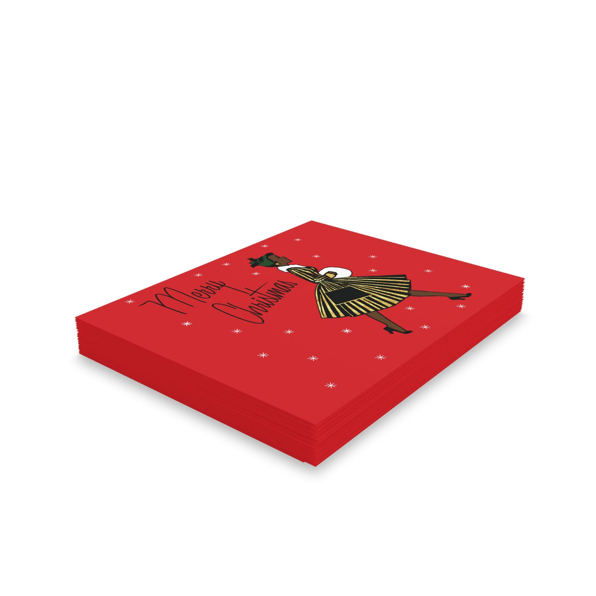 Merry Christmas Lady In Snow Mid Century Retro Christmas Print Red Matte Greeting Cards (8, 16, and 24 pcs)