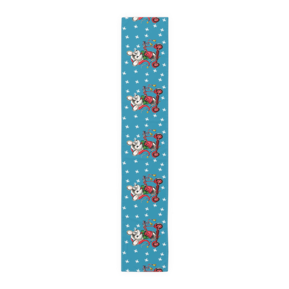 Christmas Mouse On Scooter Blue Mid Century Retro Christmas Print Home Decor Cotton Poly Table Runner
