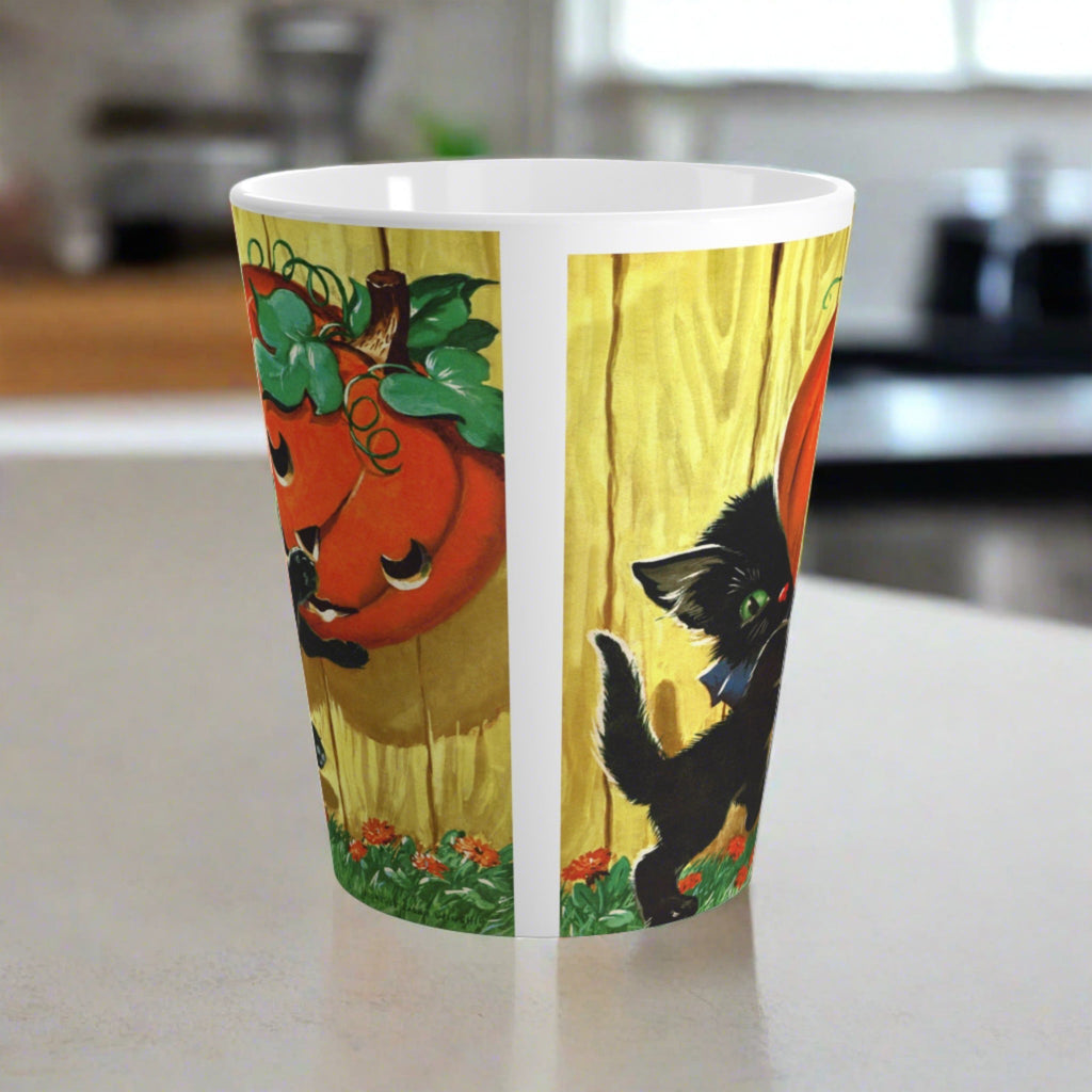 Black Cat With Pumpkin Jack O Lantern Retro Halloween Print Latte Coffee Mug