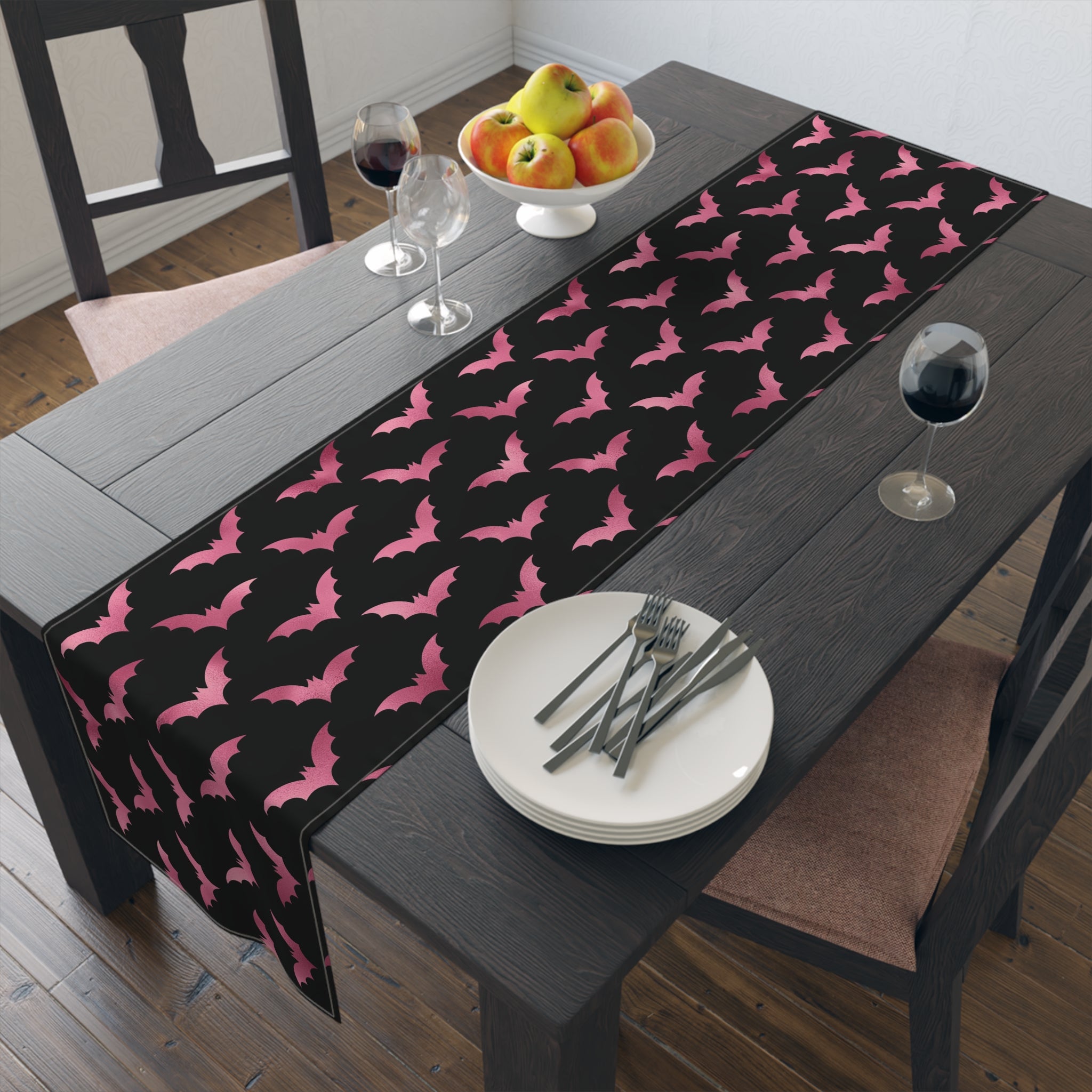 Pink Bats Halloween Decor Cotton Poly Table Runner