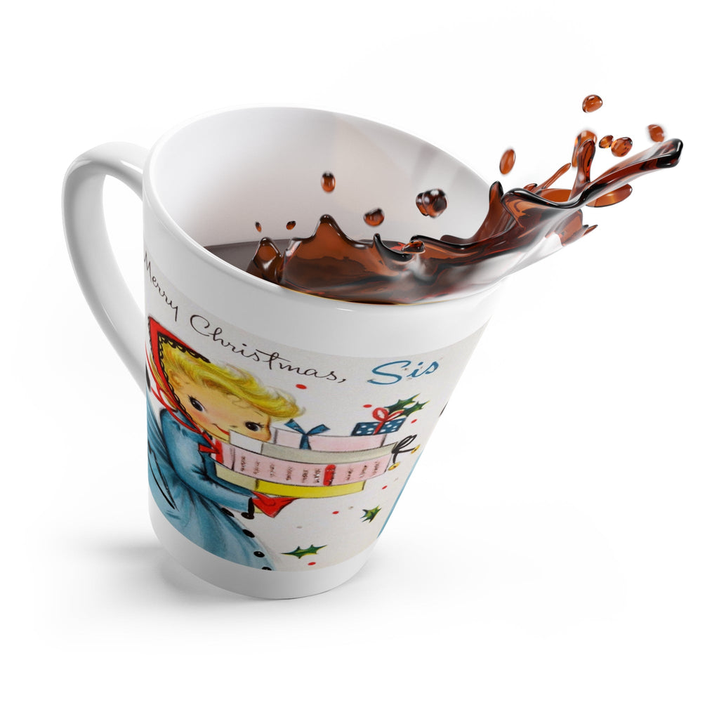 Merry Christmas Sis Christmas Lady Holding Presents Mid Century Retro Christmas Print Latte Coffee Mug