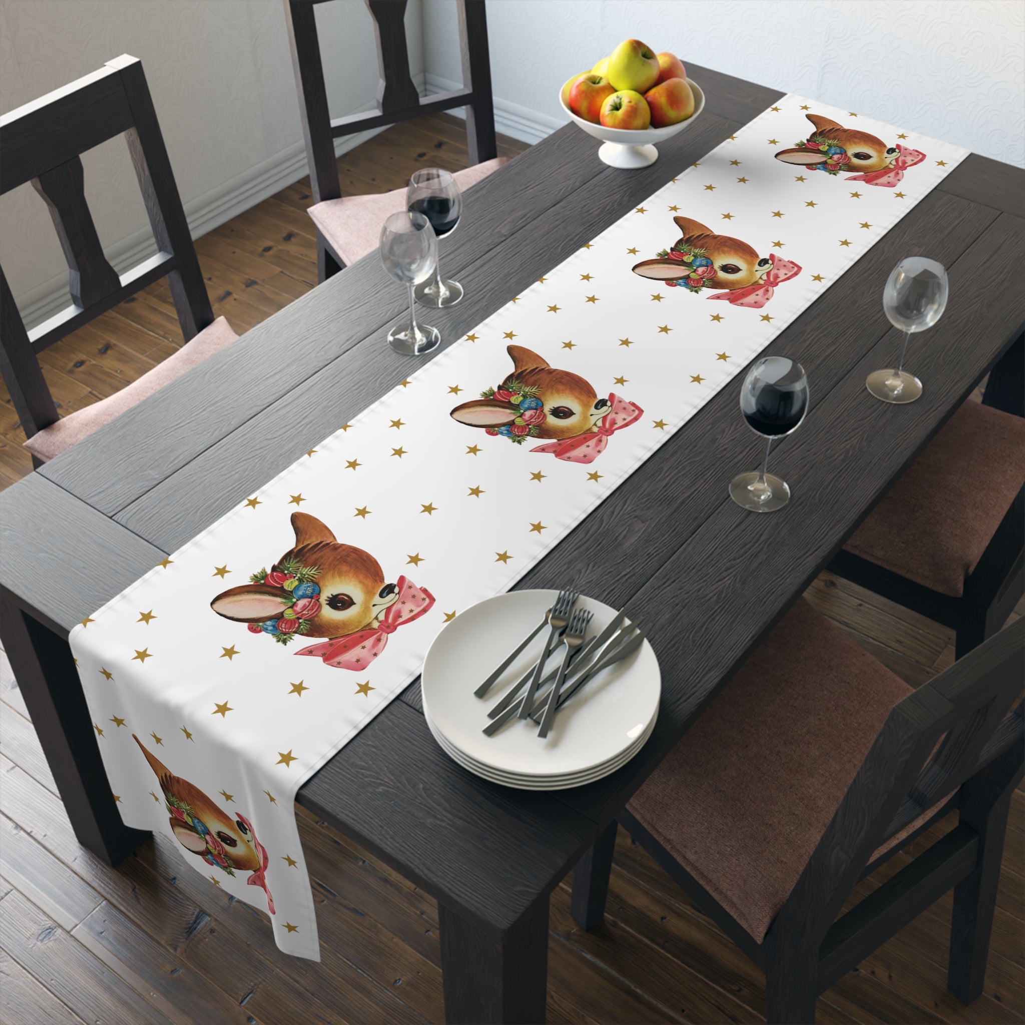 Reindeer Gold Stars Mid Century Retro Christmas Print Home Decor Cotton Poly Table Runner