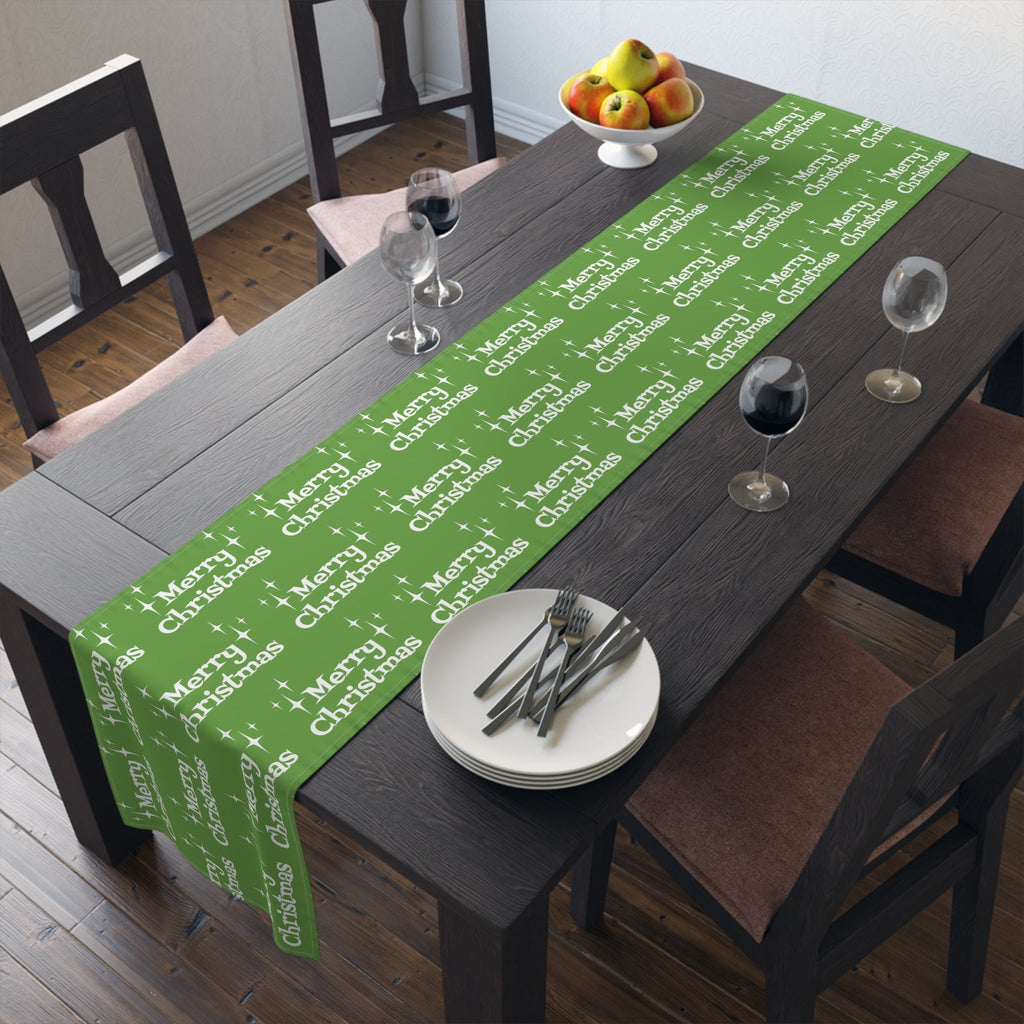 Merry Christmas Starburst Atomic Mid Century Retro Style Christmas Decor Green Cotton Poly Table Runner