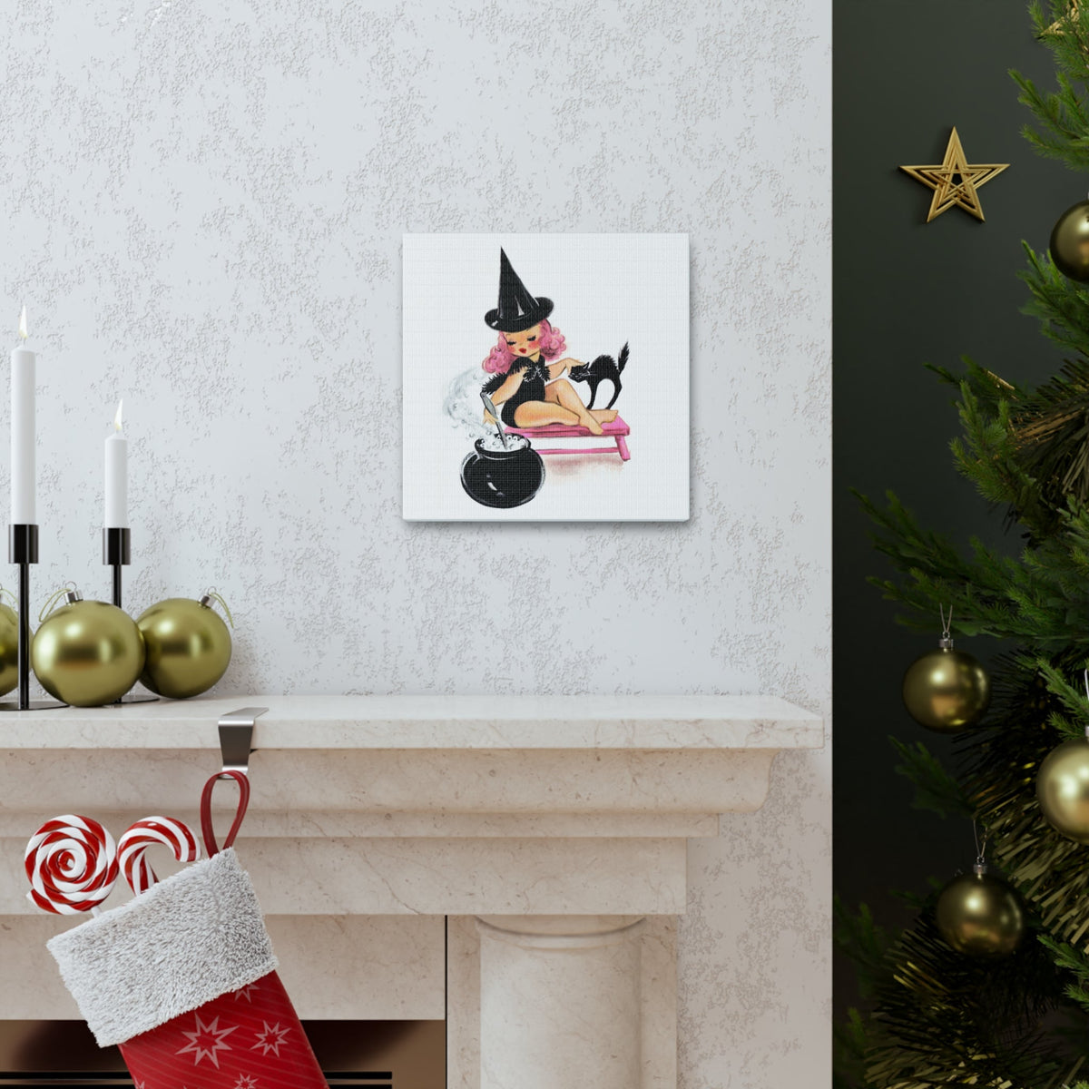 Pink Witch Black Cat Retro Halloween Decor Print Canvas Gallery Wrap