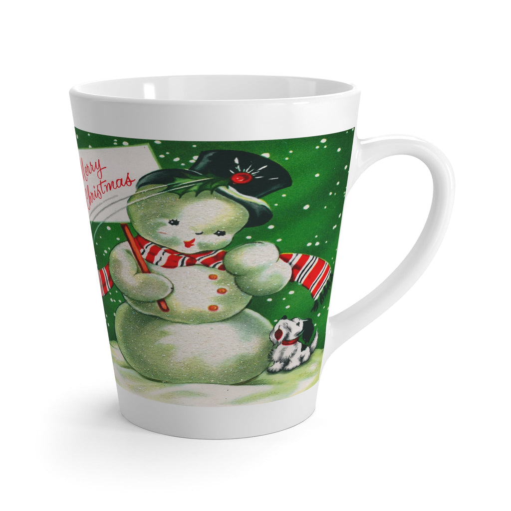 Merry Christmas Snowman With Bird Mid Century Retro Christmas Print Latte Mug