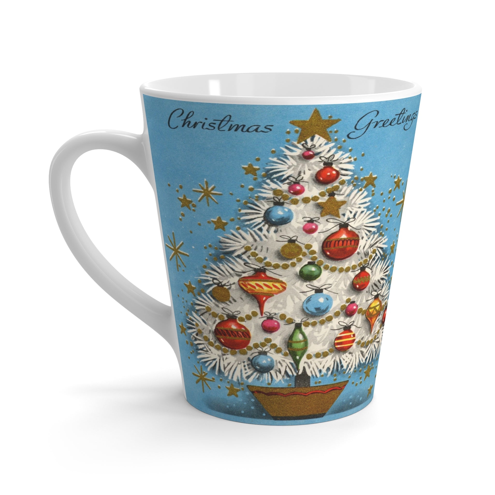 Christmas Greetings Blue Christmas Tree Retro Christmas Print Latte Coffee Mug