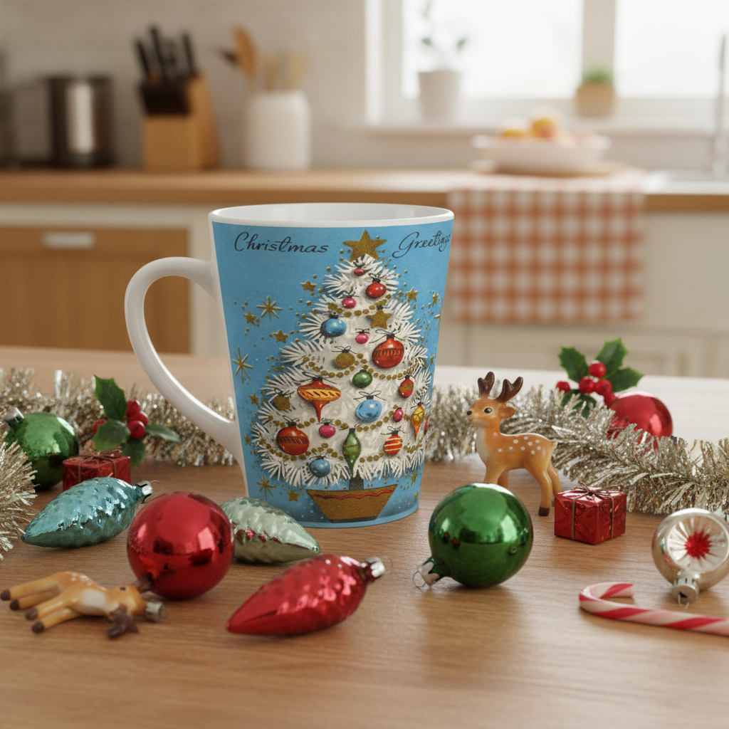 Christmas Greetings Blue Christmas Tree Retro Christmas Print Latte Coffee Mug