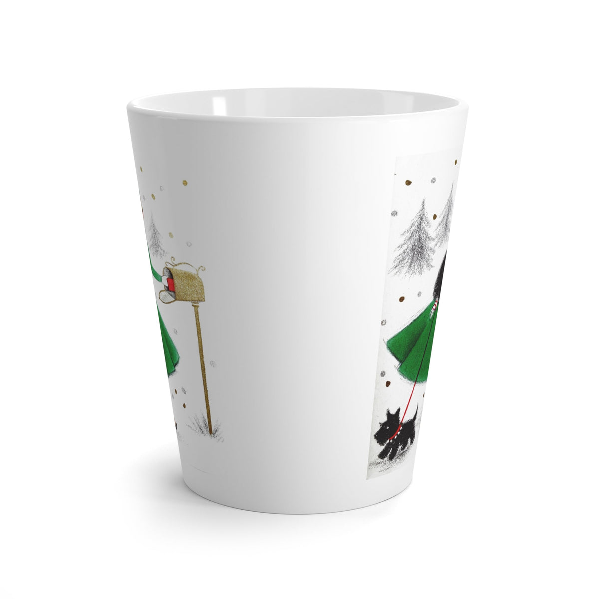 Christmas Lady With Black Scottie Dog At Mailbox Mid Century Retro Christmas Print Latte Mug