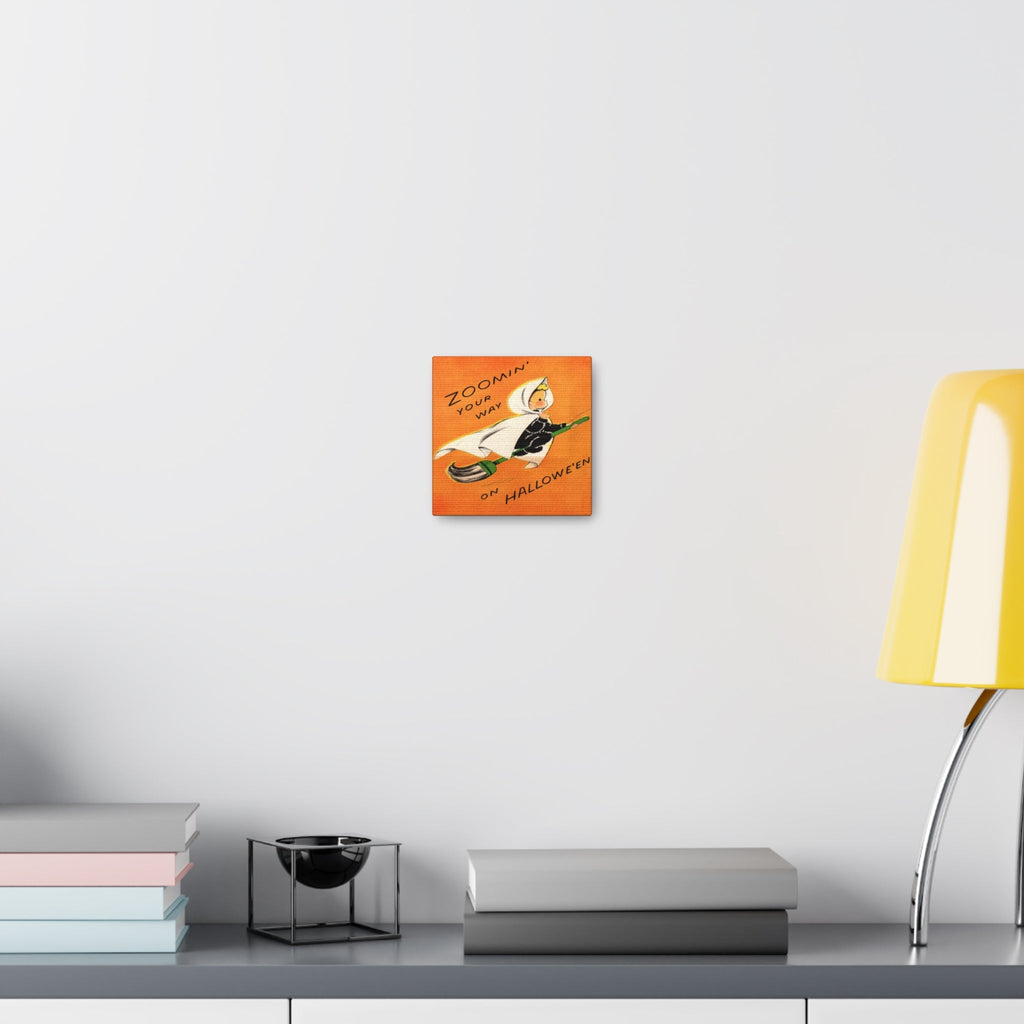 Zoomin' Your Way On Halloween Orange Witch On Broom Retro Halloween Decor Print Canvas Gallery Wrap