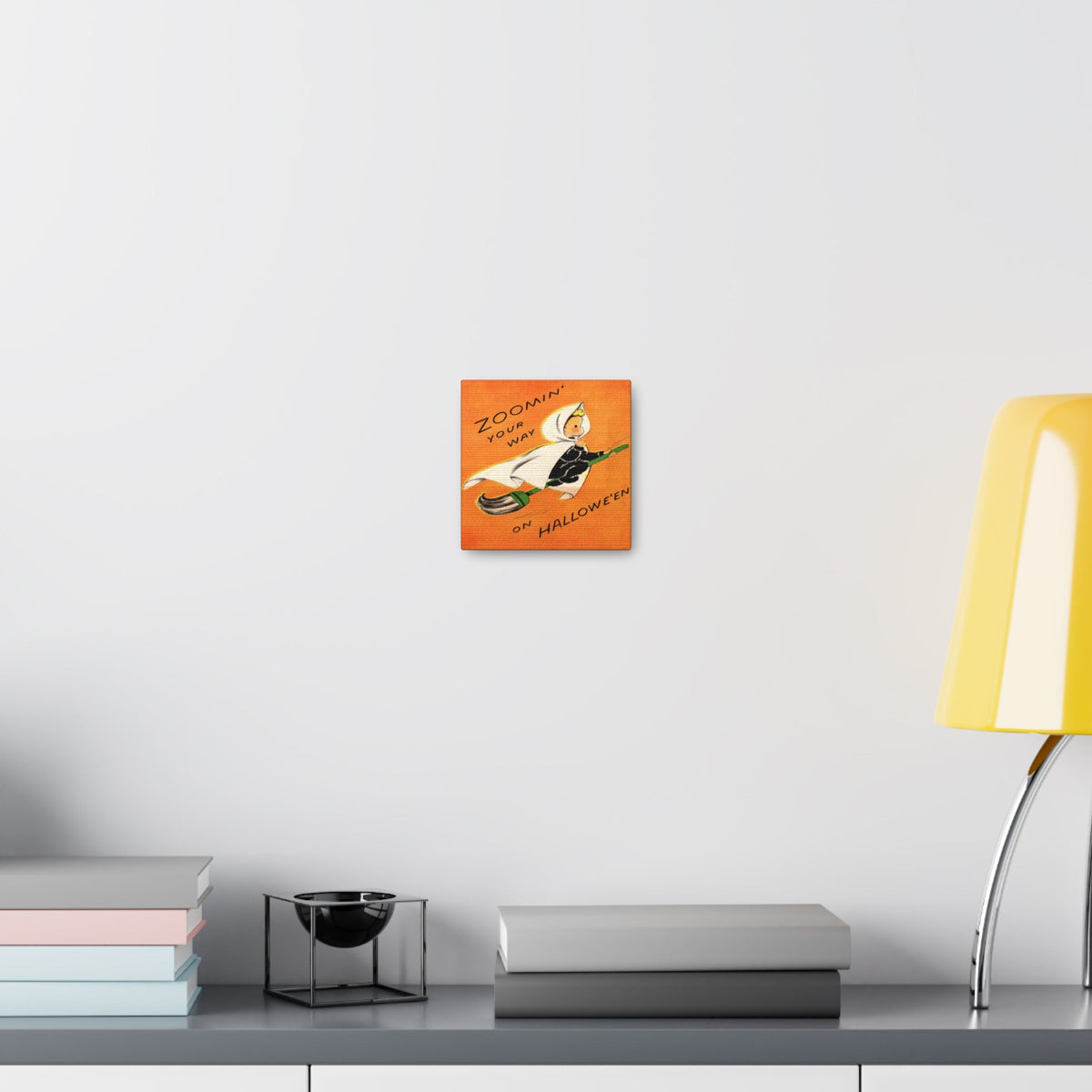 Zoomin' Your Way On Halloween Orange Witch On Broom Retro Halloween Decor Print Canvas Gallery Wrap