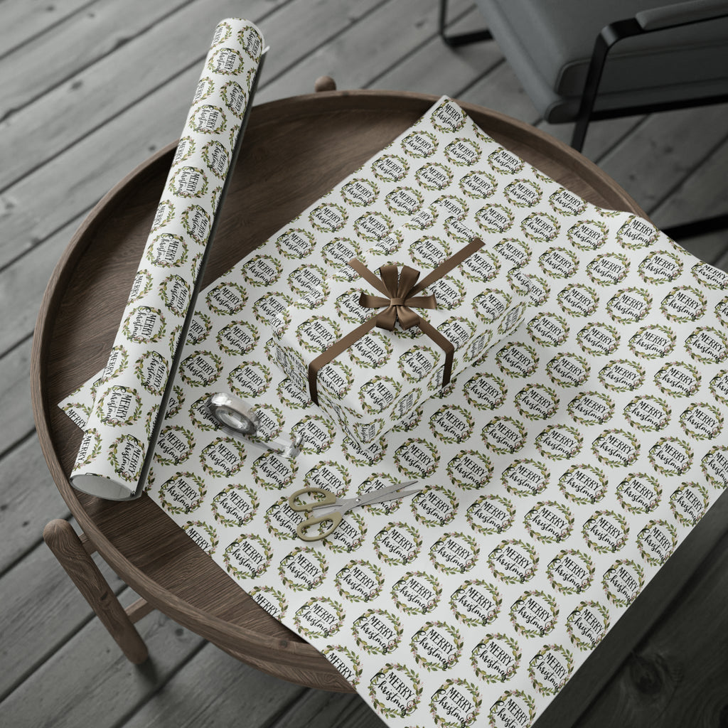 Merry Christmas Wreath Retro Style Christmas Print Holiday Gift Wrap Paper - Glossy Or Matte