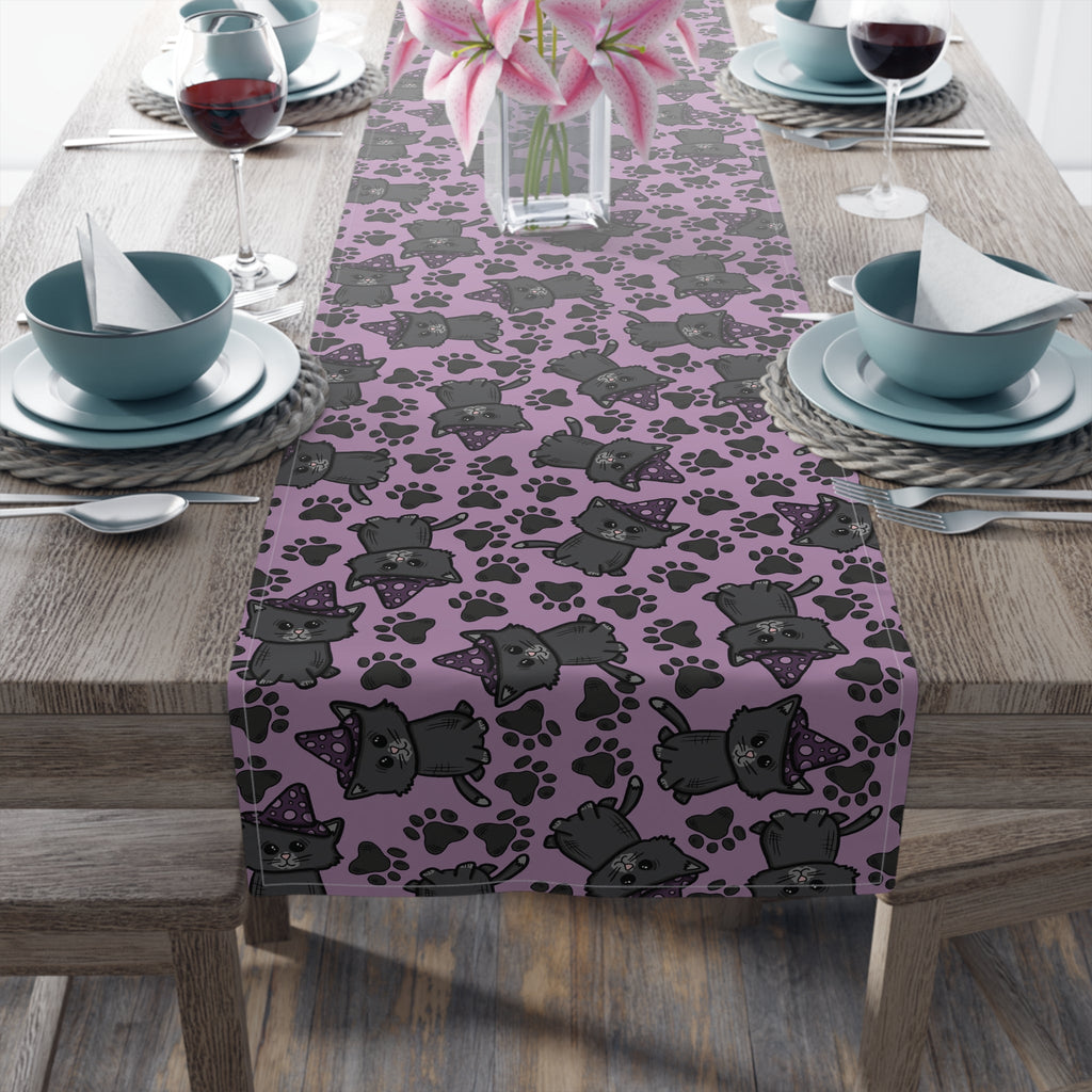 Witchy Kitties Cute Halloween Print Fall Autumn Decor Purple Cotton Poly Table Runner