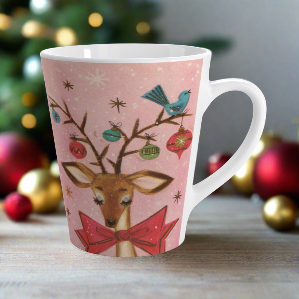 Reindeer With Bluebird Ornaments Retro Vintage Pink Christmas Print Latte Coffee Mug