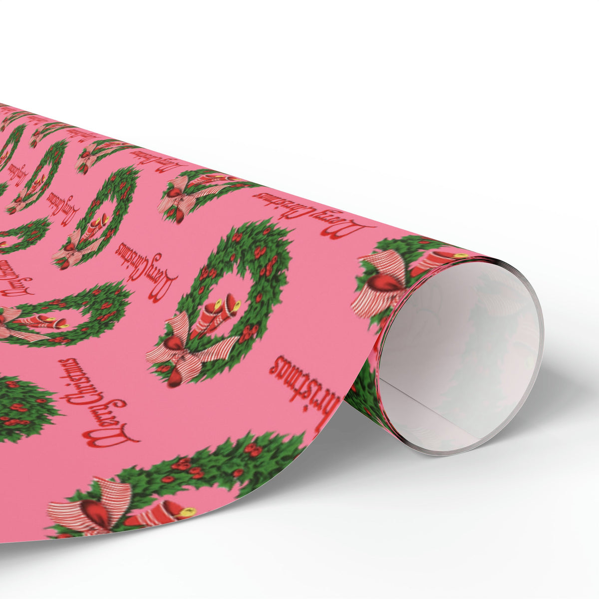 Merry Christmas Wreath Pink Retro Christmas Print Holiday Gift Wrap Paper - Glossy Or Matte