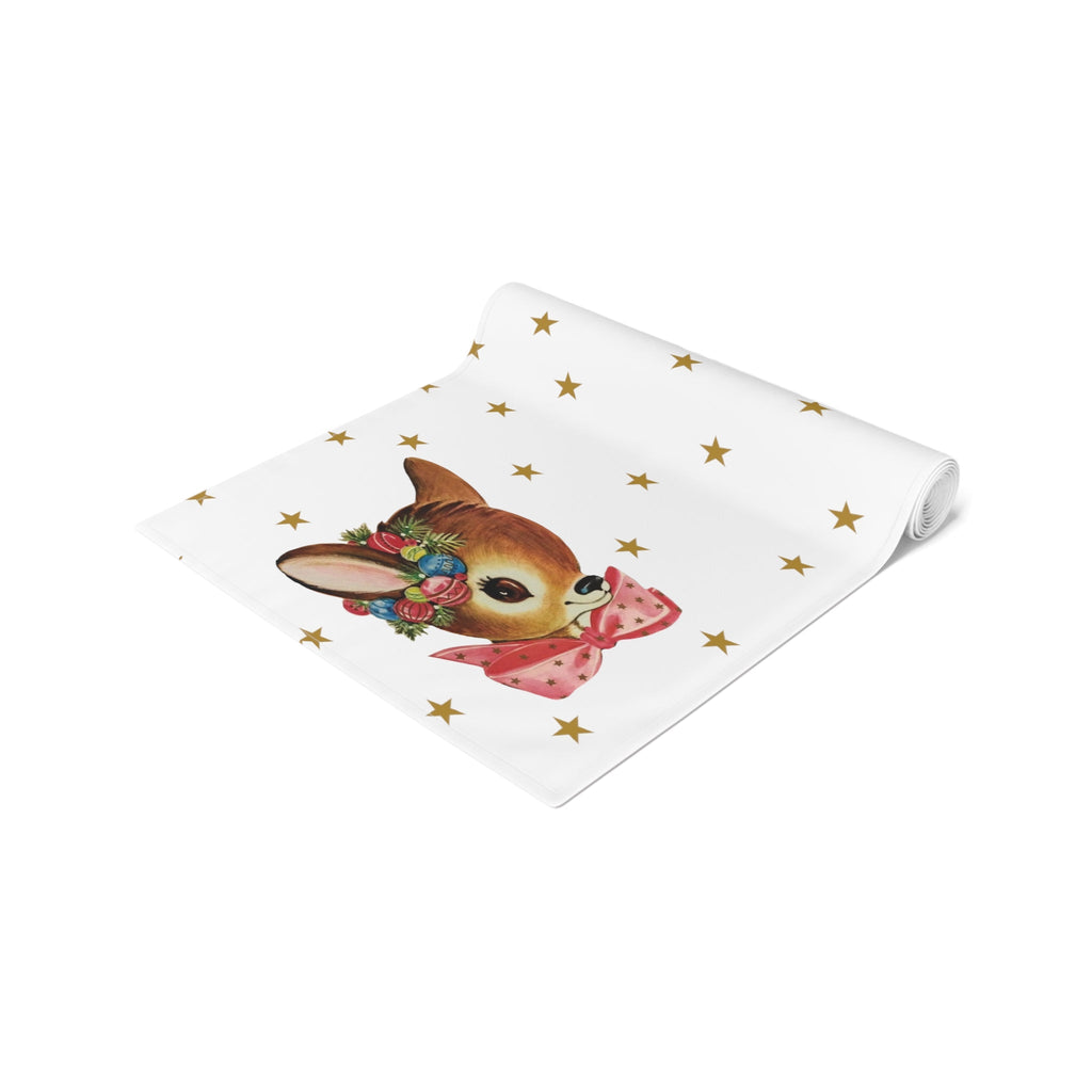Reindeer Gold Stars Mid Century Retro Christmas Print Home Decor Cotton Poly Table Runner