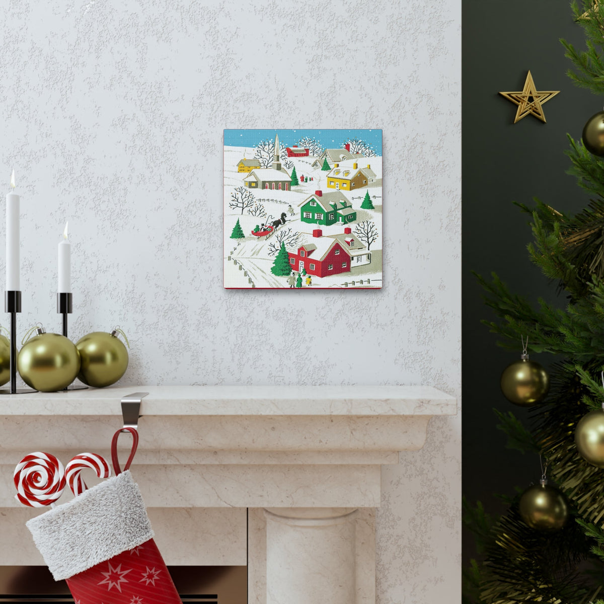 Christmas Village Town Retro Christmas Print Canvas Gallery Wrap