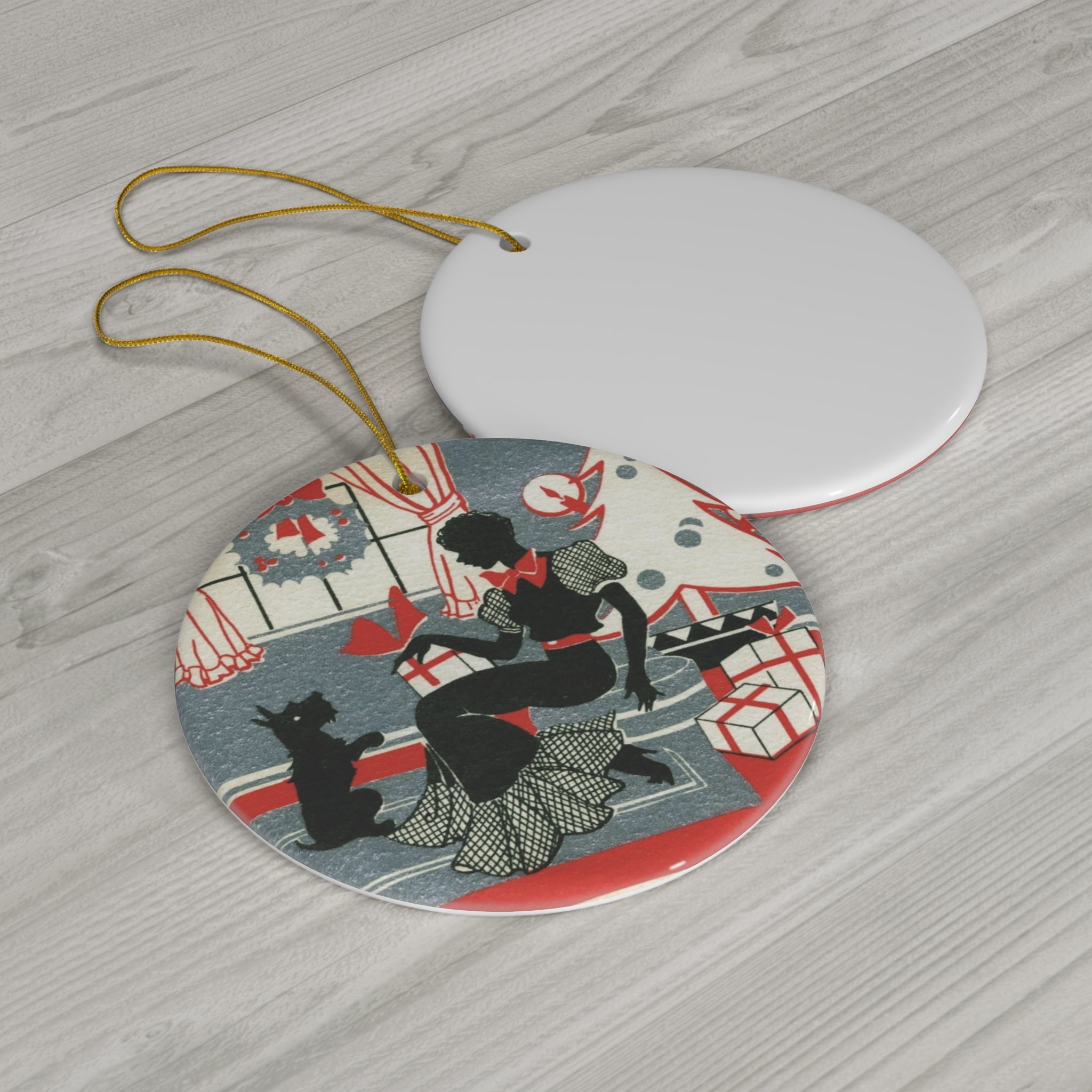 Christmas Lady With Black Scottie Deco Retro Christmas Print Ceramic Ornament