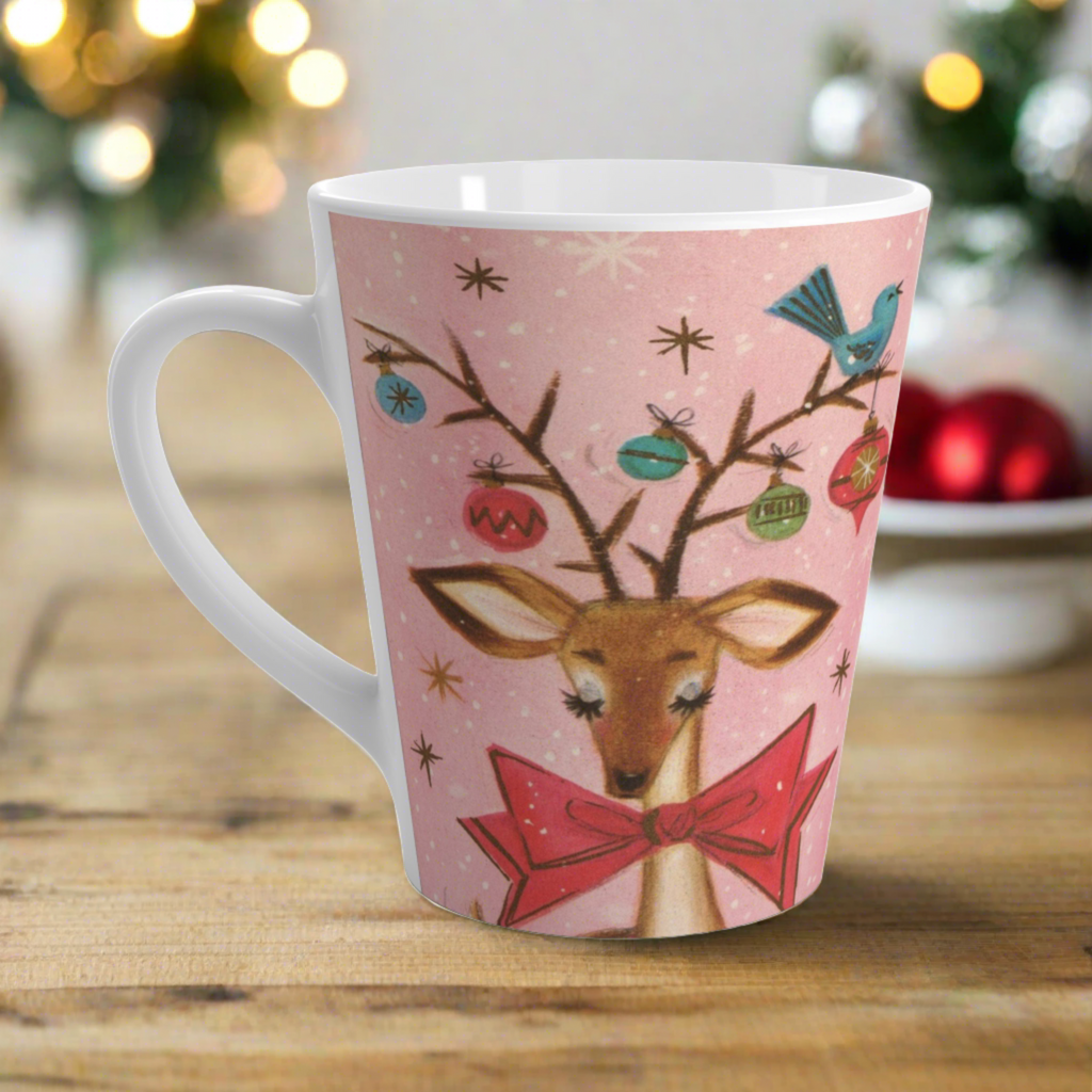Reindeer With Bluebird Ornaments Retro Vintage Pink Christmas Print Latte Coffee Mug