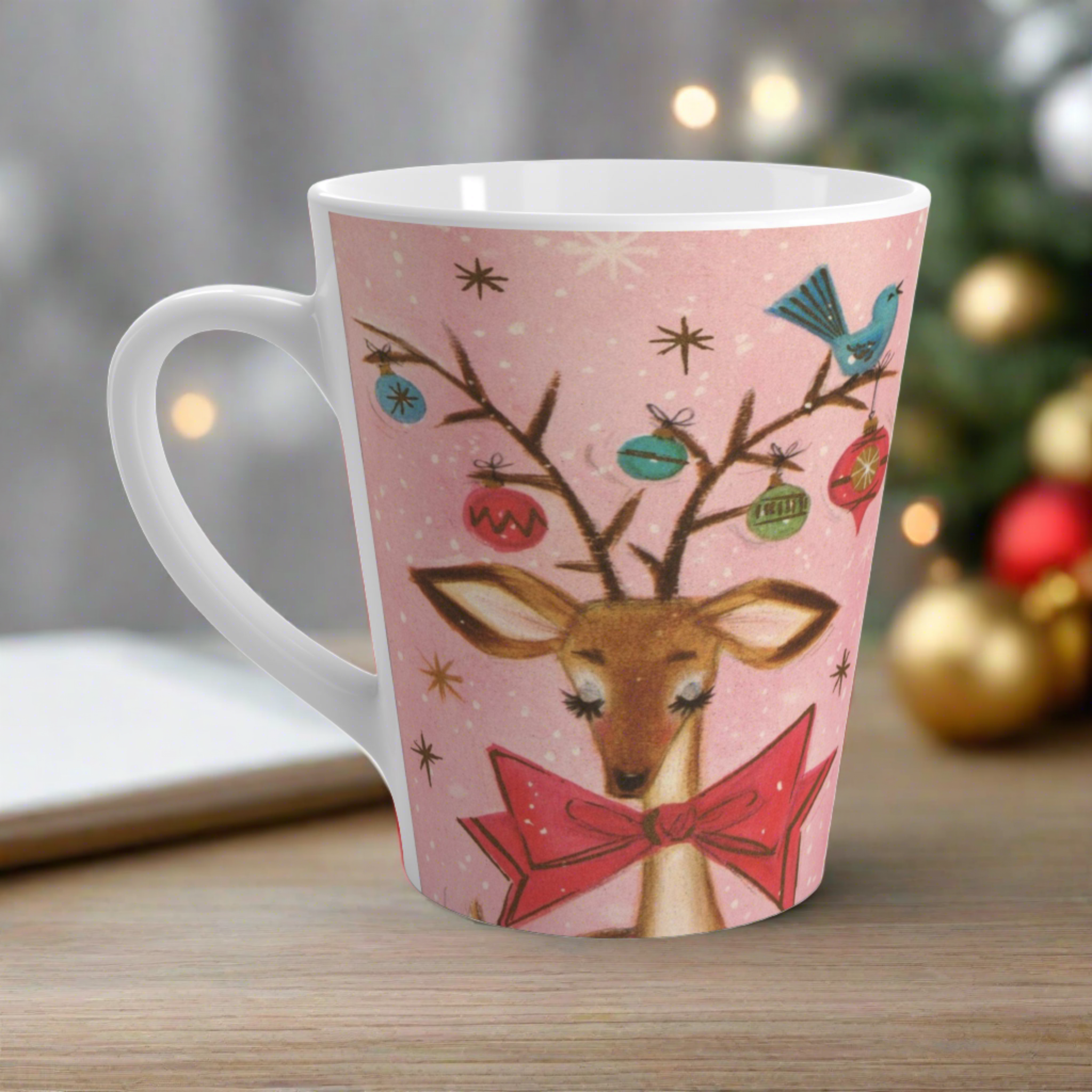 Reindeer With Bluebird Ornaments Retro Vintage Pink Christmas Print Latte Coffee Mug