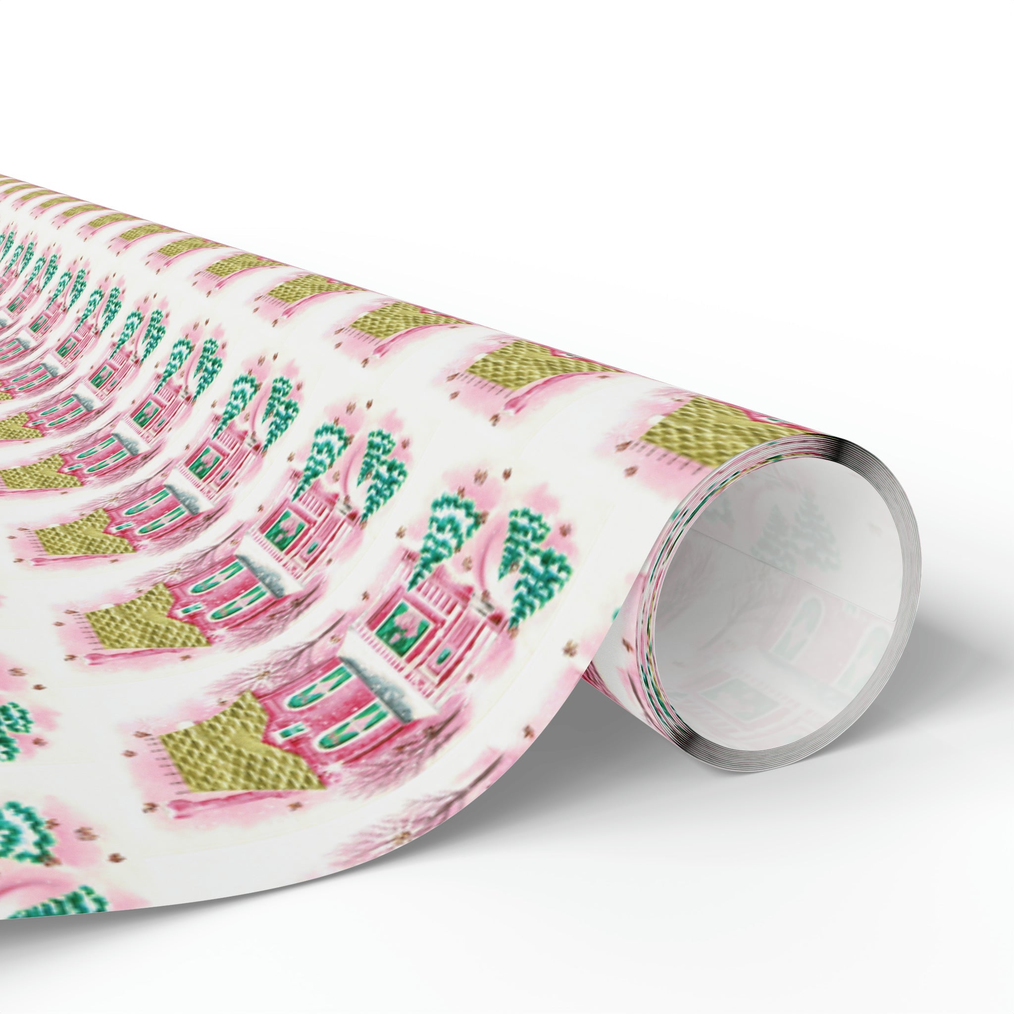 Pink Christmas House Mid Century Retro Christmas Print Holiday Gift Wrap Paper - Glossy Or Matte