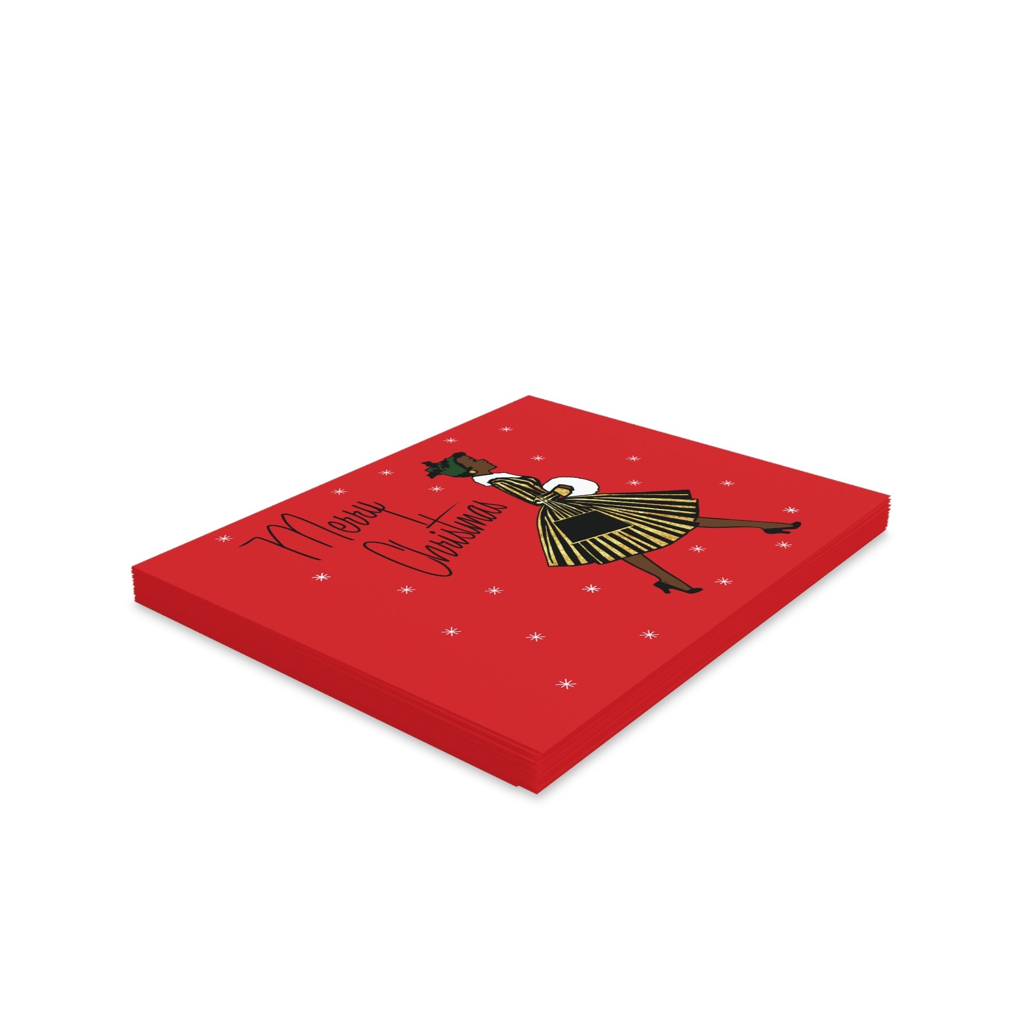 Merry Christmas Lady In Snow Mid Century Retro Christmas Print Red Matte Greeting Cards (8, 16, and 24 pcs)
