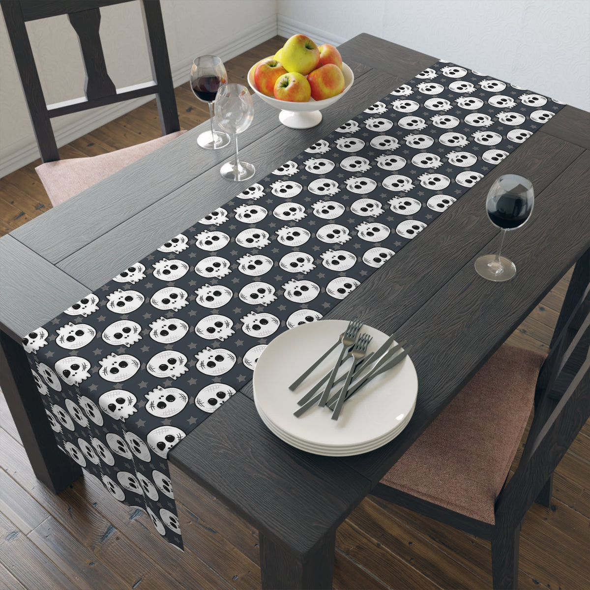 Skulls And Stars Cute Halloween Print Fall Autumn Decor Purple Cotton Poly Table Runner