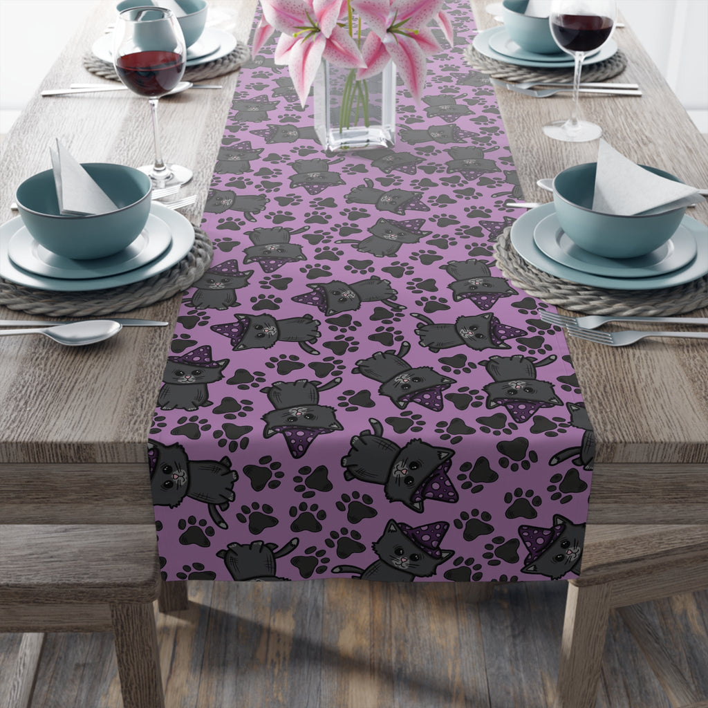 Witchy Kitties Cute Halloween Print Fall Autumn Decor Purple Cotton Poly Table Runner