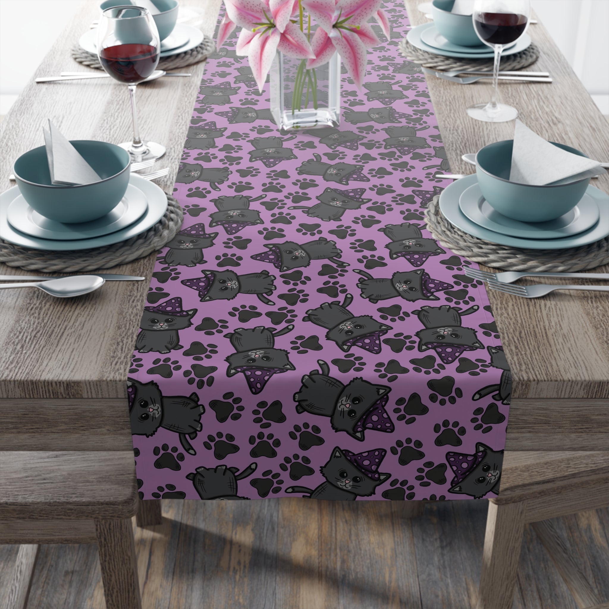 Witchy Kitties Cute Halloween Print Fall Autumn Decor Purple Cotton Poly Table Runner