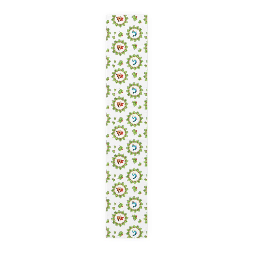 Christmas Bluebirds And Reindeer In Holly Berry Wreath Mid Century Retro Christmas Print Home Decor Cotton Poly Table Runner