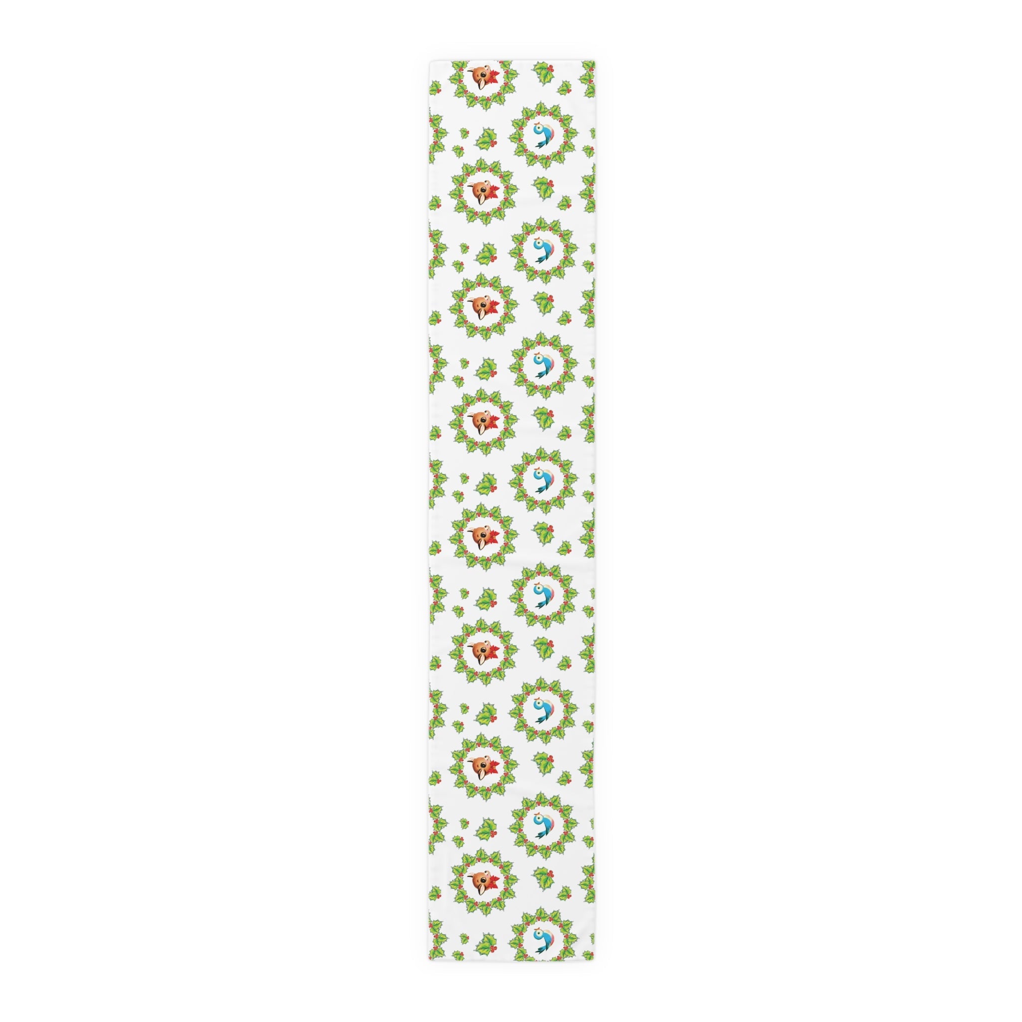 Christmas Bluebirds And Reindeer In Holly Berry Wreath Mid Century Retro Christmas Print Home Decor Cotton Poly Table Runner