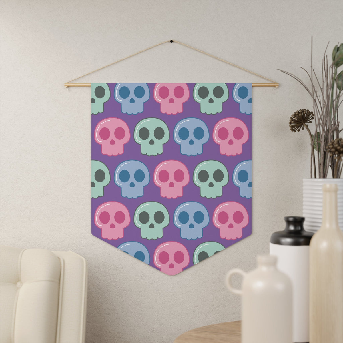 Cute Pastel Halloween Skulls Print Wall Hanging Banner Flag