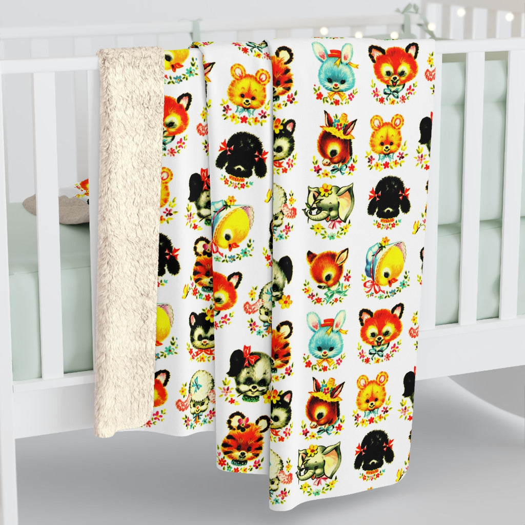 Cute Retro Animals Mid Century Retro Print Sherpa Fleece Blanket