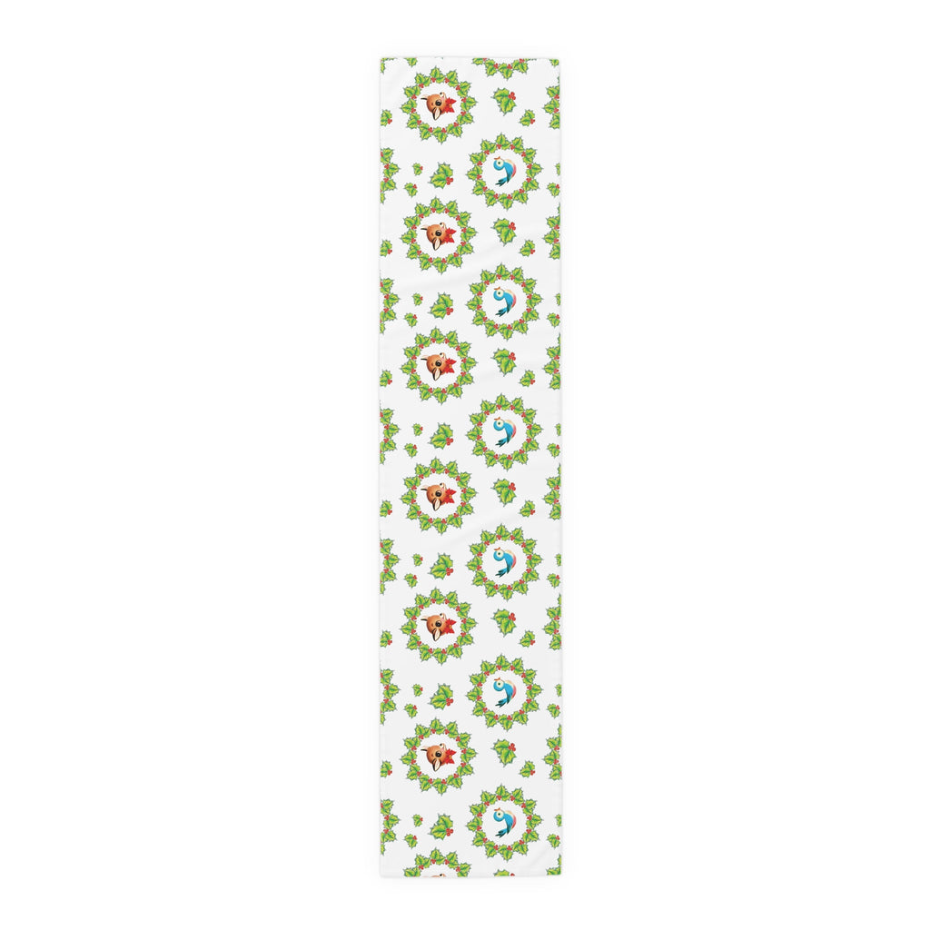 Christmas Bluebirds And Reindeer In Holly Berry Wreath Mid Century Retro Christmas Print Home Decor Cotton Poly Table Runner