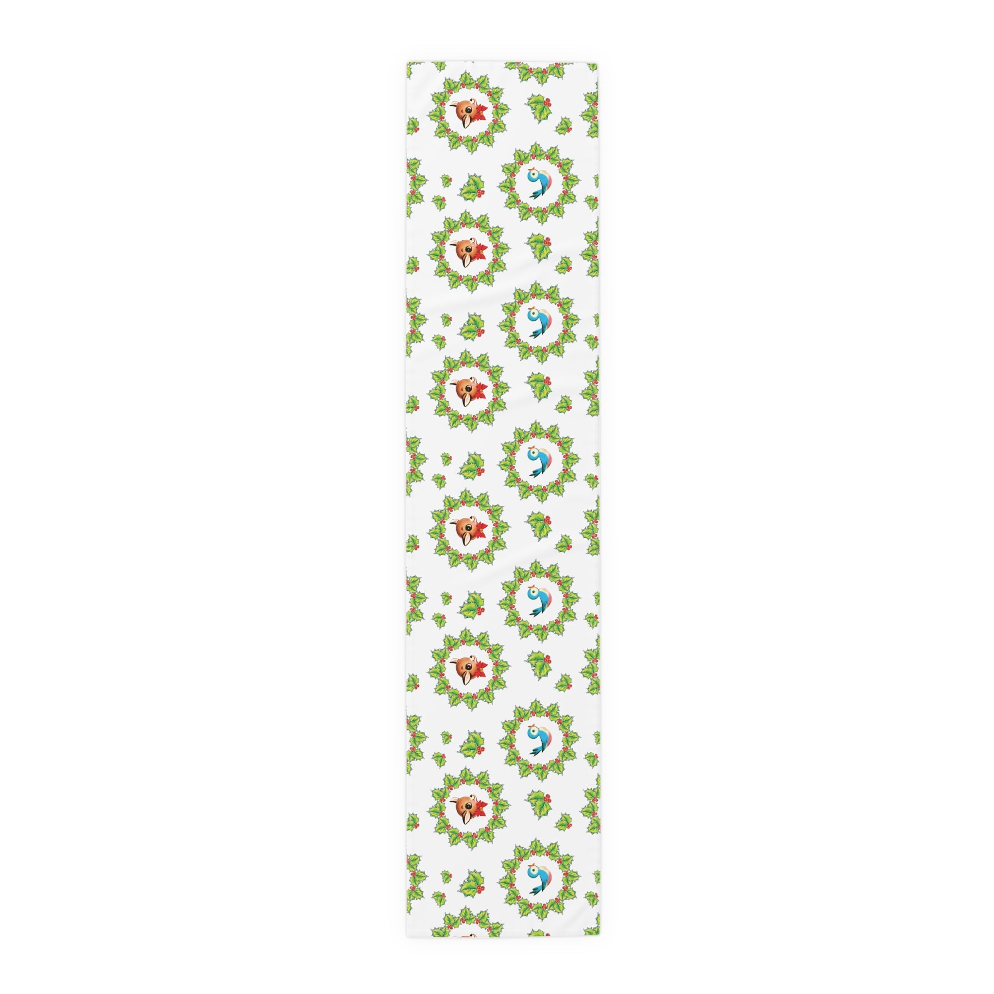 Christmas Bluebirds And Reindeer In Holly Berry Wreath Mid Century Retro Christmas Print Home Decor Cotton Poly Table Runner