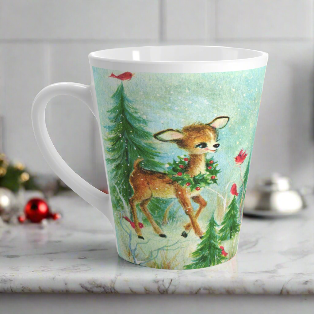 Baby Deer Fawn Red Birds Woodland Retro Christmas Latte Coffee Mug