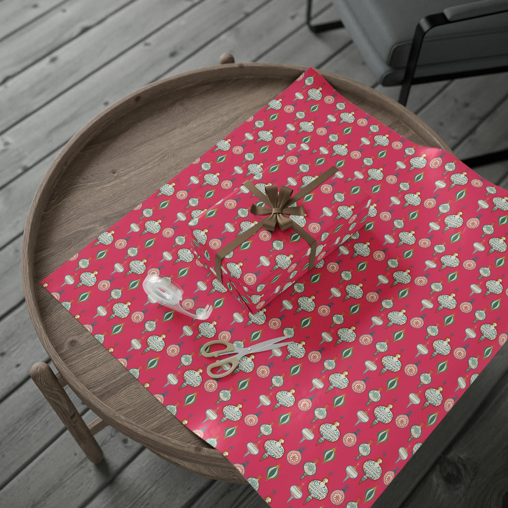 Greetings Christmas Ornaments Pink Retro Style Christmas Holiday Gift Wrap Paper - Glossy Or Matte