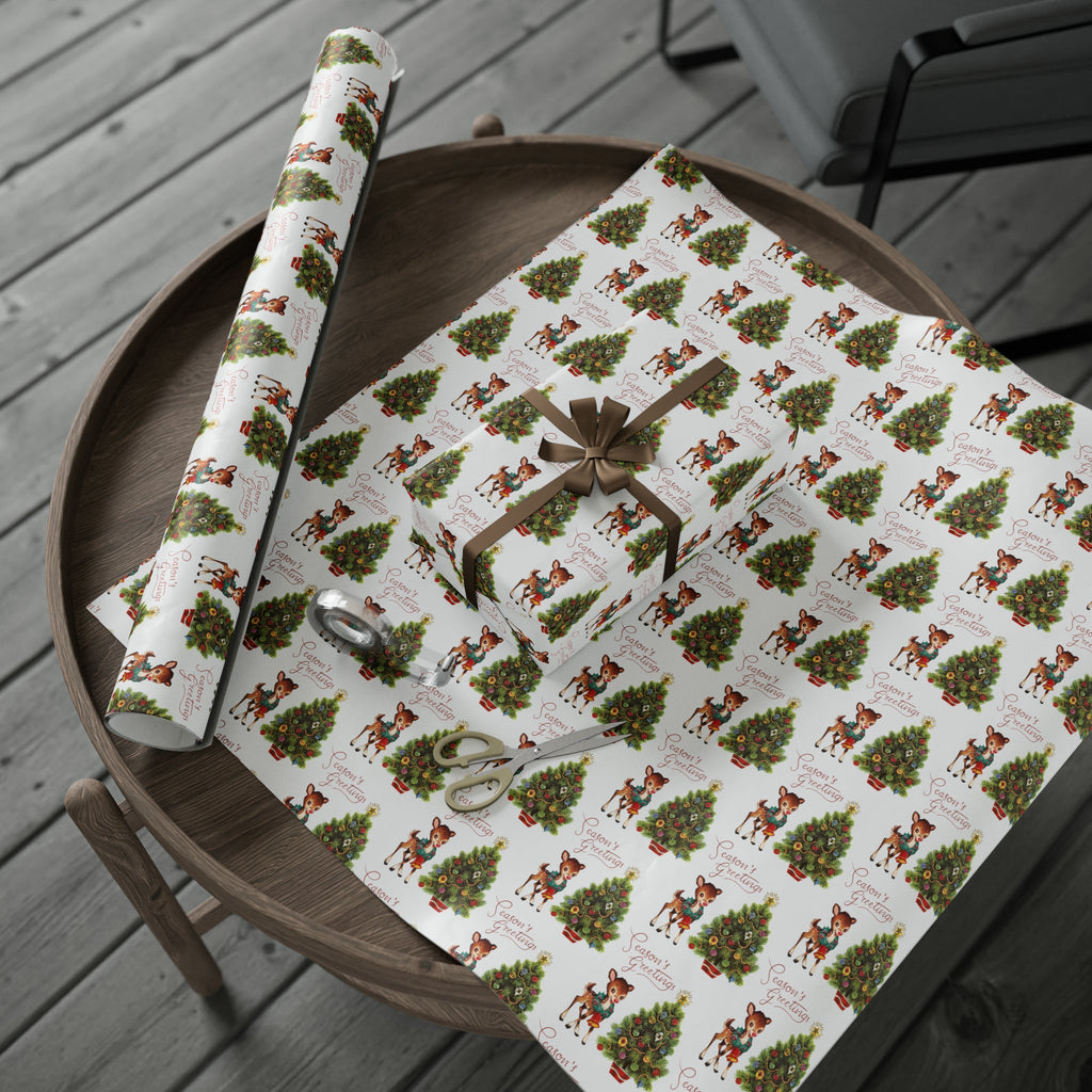 Season's Greetings Reindeer With Wreath And Christmas Tree Mid Century Retro Christmas Print Holiday Gift Wrap Paper - Glossy Or Matte
