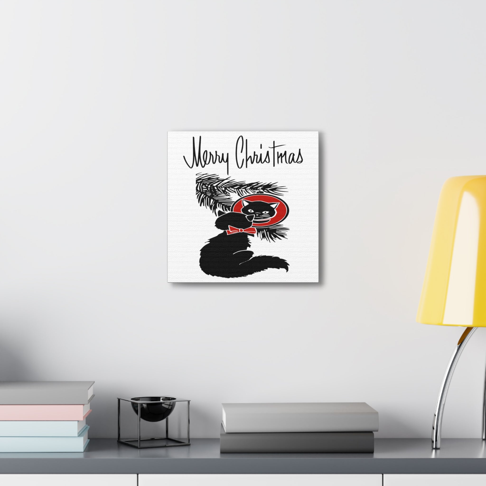 Merry Christmas Black Cat Retro Print Canvas Gallery Wrap