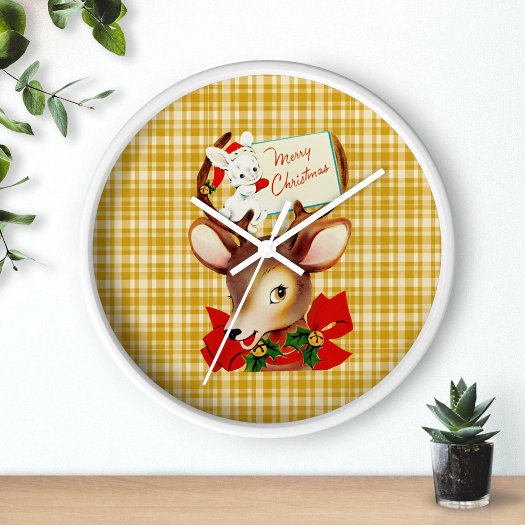 Merry Christmas Reindeer Bunny Plaid Retro Print White Christmas Wall Clock