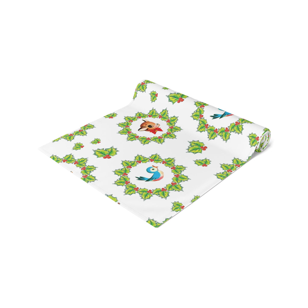 Christmas Bluebirds And Reindeer In Holly Berry Wreath Mid Century Retro Christmas Print Home Decor Cotton Poly Table Runner