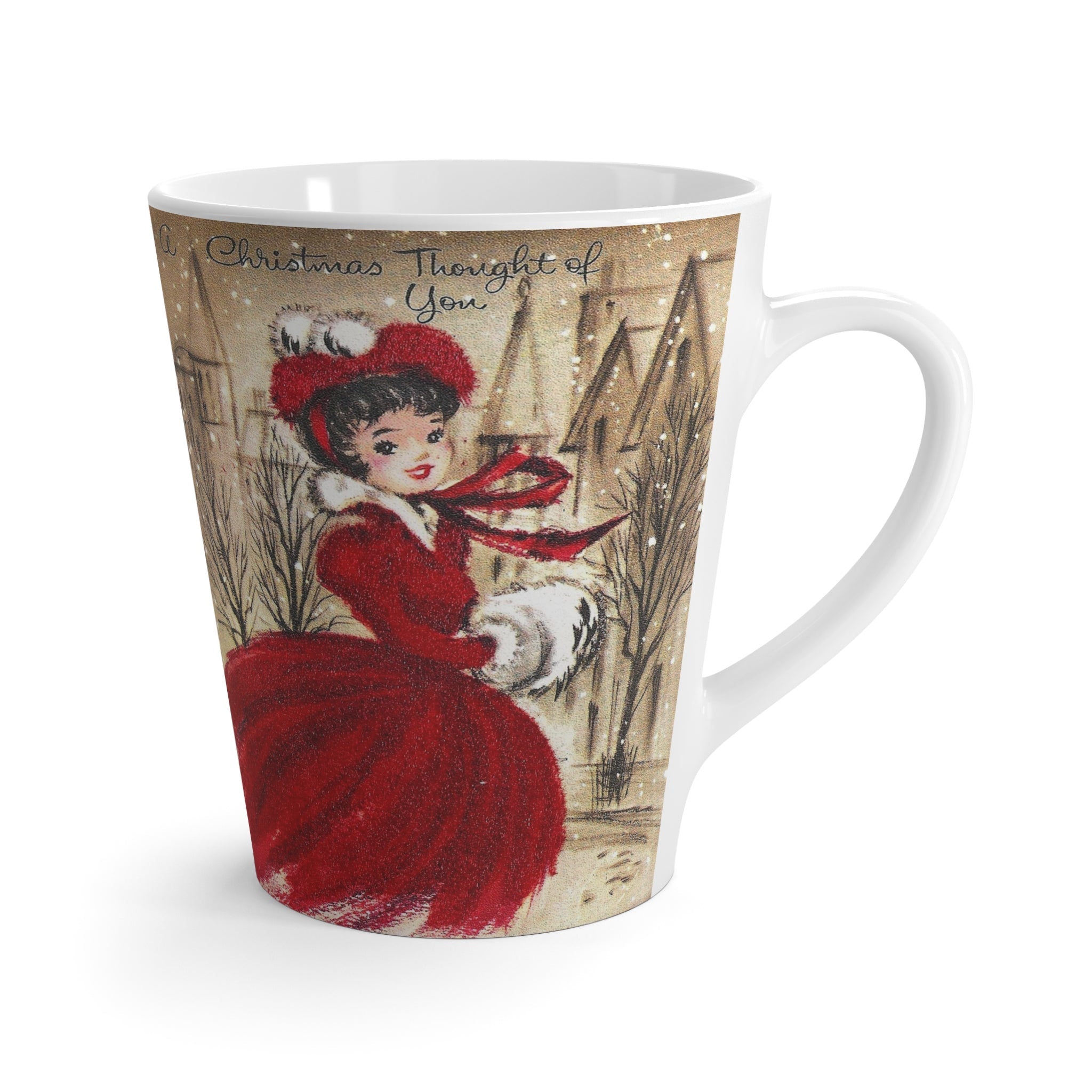 Christmas Mug - A Christmas Thought Of You Lady In Snow City Mid Century Retro Christmas Print Latte Coffee Mug